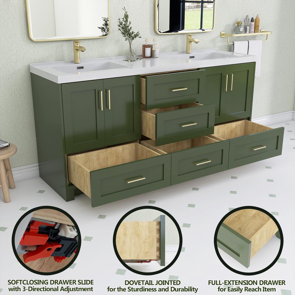 Zeafive Genie 72 in. Double Sinks Green Bath Vanity with White