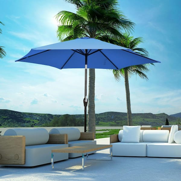 ANGELES HOME 9 ft. Steel Outdoor Market Patio Umbrella Push Button Tilt Crank Lift in Blue