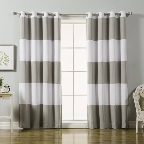 Best Home Fashion 84 in. L Grey Rugby Stripe Cotton Blend Blackout Curtains in White (2-Pack)