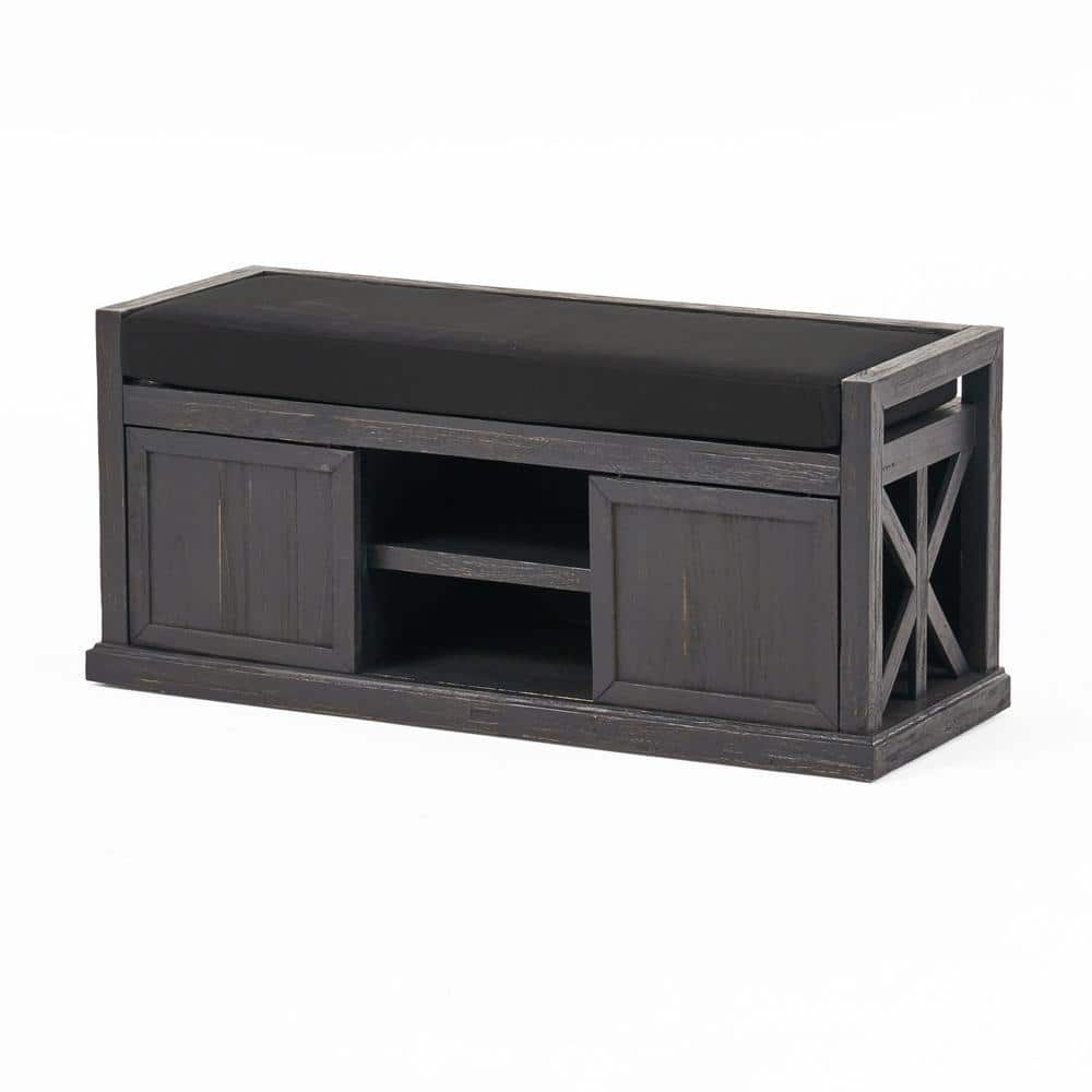 Sandblast Dark Gray Acacia Wood Storage Bench with Black Cushion