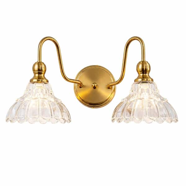 2 Light Brass Standard Light Bulb Fixture Wall Sconce with Flower Glass Shades for Bathroom Vanity