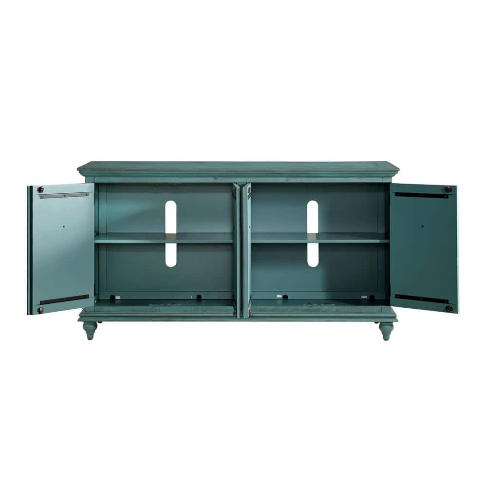 Rustic Turquoise Solid Pine 65" TV Stand with Cabinet