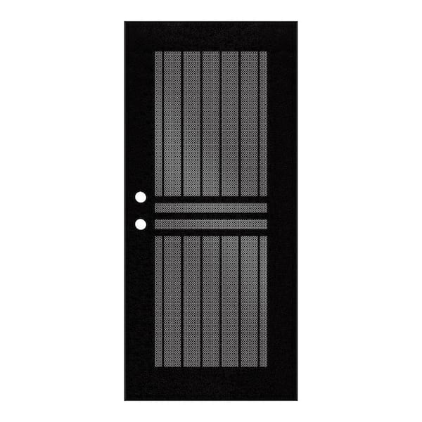 Unique Home Designs Plain Bar 32 in. x 80 in. Left Hand/Outswing Black Aluminum Security Door with Black Perforated Screen