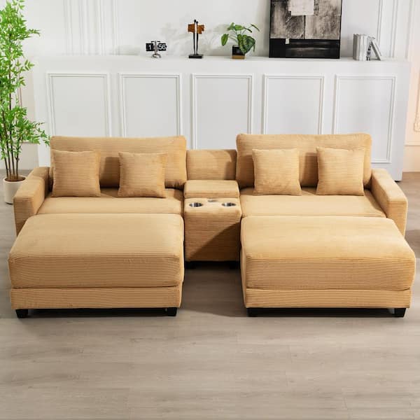 JEAREY Laibai 111.81 in. Square Arm Velvet Modular 4-Piece Modern Yellow Sofa with Cup Holder and Ottoman