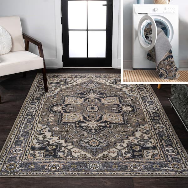 JONATHAN Y Cirali Ornate Large Medallion Machine-Washable Green/Navy/Cream 3 ft. x 5 ft. Area Rug