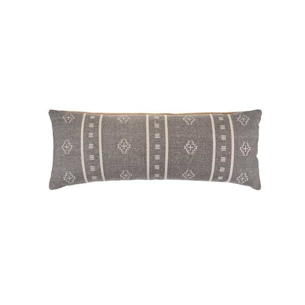 Unbranded Embroidered Ethnic 14 in. x 36 in. Gray/Cream Rectangle Indoor Throw Pillow