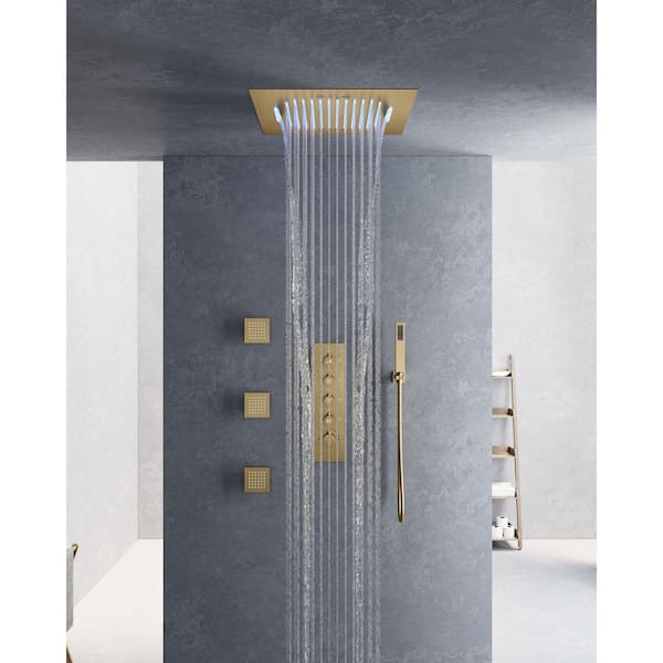 YAWWALK Thermostatic 15-Spray 20 in. Square LED Mood Lighting Bluetooth Music Shower System with Valve in Brushed Gold