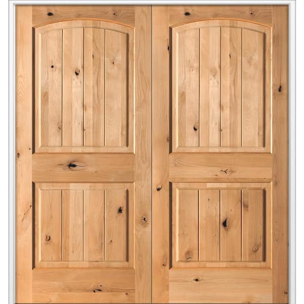 60 in. x 80 in. Rustic Knotty Alder 2-Panel Arch Top VG Both Active Cedar Stain Wood Double Prehung Interior Door