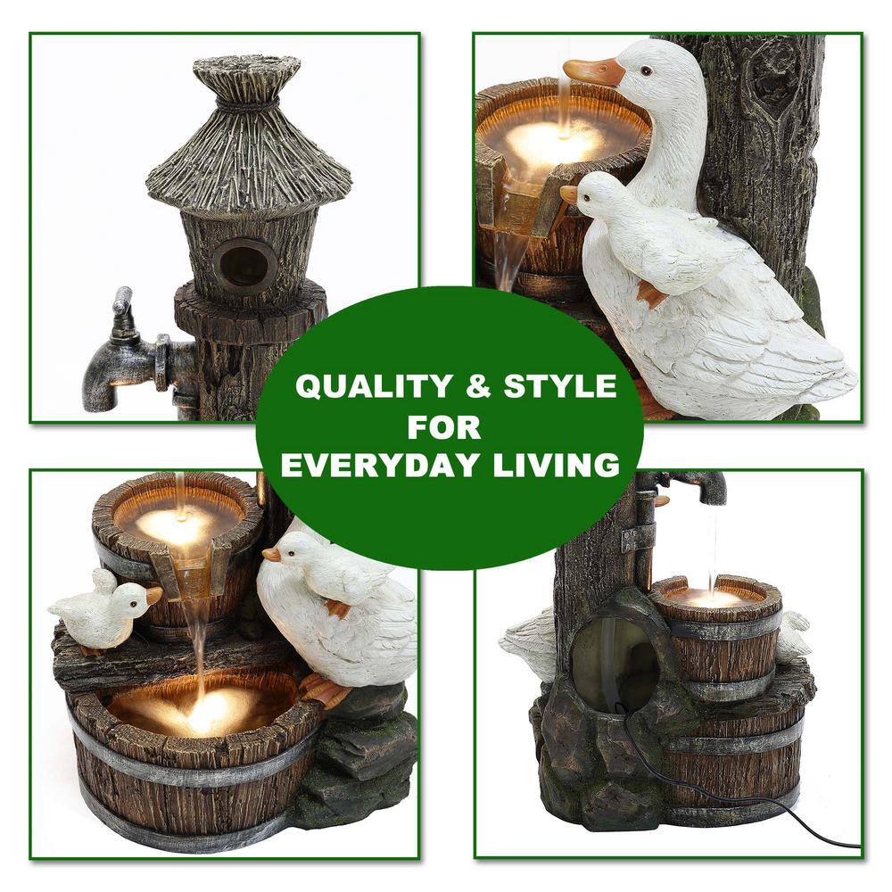 Rustic Farmhouse Ducks and Birdhouse Resin Outdoor Water Fountain with Lights