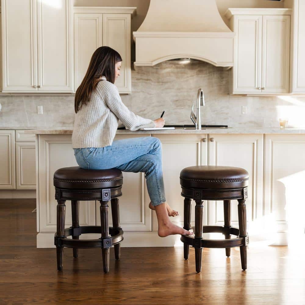 Dark Walnut Backless Swivel Bar Stool with Leather Seat