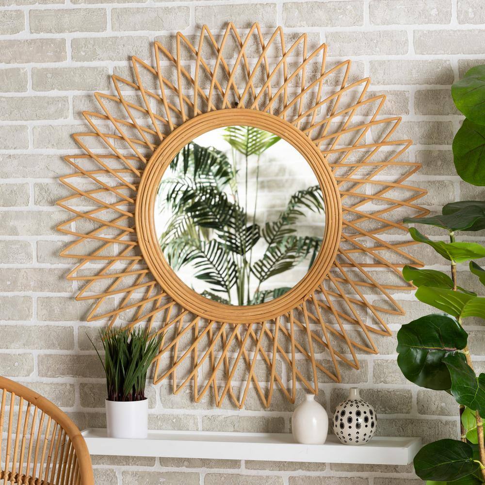 Circular 36" Wood and Leather Framed Accent Mirror