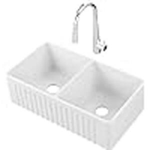 33 in. Drop-In Double Bowls White Ceramic Kitchen Sink, Farmhouse Kitchen Sink with Modern Style