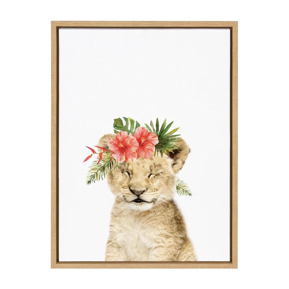 Natural Wood Framed Flower Crown Lion Cub Canvas Art