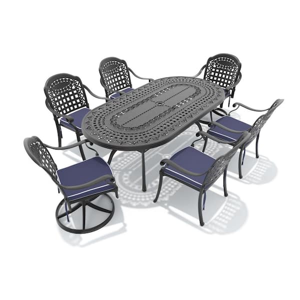 7-Piece Black Cast Aluminum Patio Outdoor Dining Set with Oval Table and 6 Swivel Dining Chairs, Blue Cushions