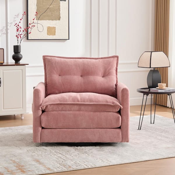 Eve Pink 36.22 in. Chenille Upholstered Accent Chair with 360° Swivel Metal Base, Thick Flared Arm, Side Pockets
