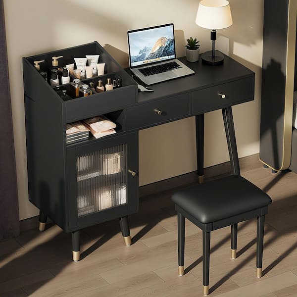 Black 43.9 in. W Makeup Vanity Dresser with Stool, Charging Port, 2 Drawers and Cabinet