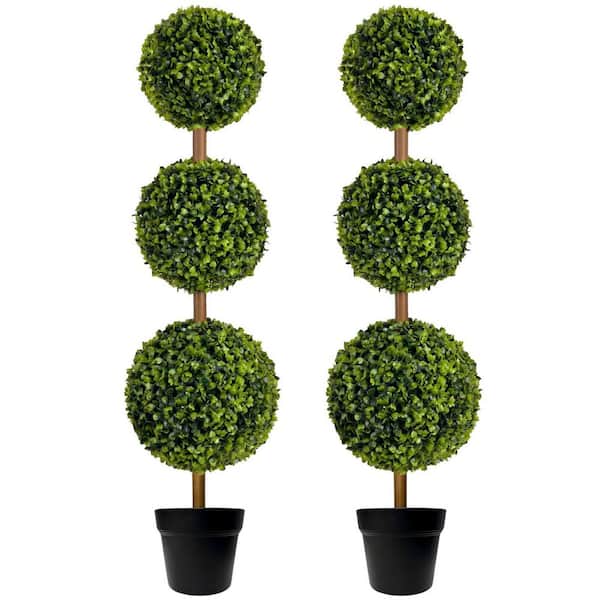 3 ft. Indoor Outdoor Artificial Triple Ball Topiary Tree, Faux Boxwood Plant for Porch Garden Decor 2-Pack
