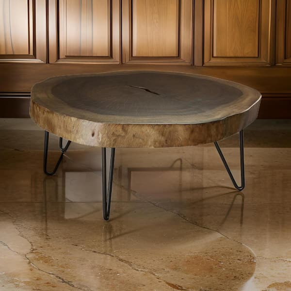 Benjara Hito 35 in. Brown and Black Oval Wood Coffee Table with Floor Protectors to Prevent Scratches And Abrasions