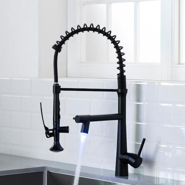 Single-Handle No Sensor Pull-Down Sprayer Kitchen Faucet in Matte Black - LED