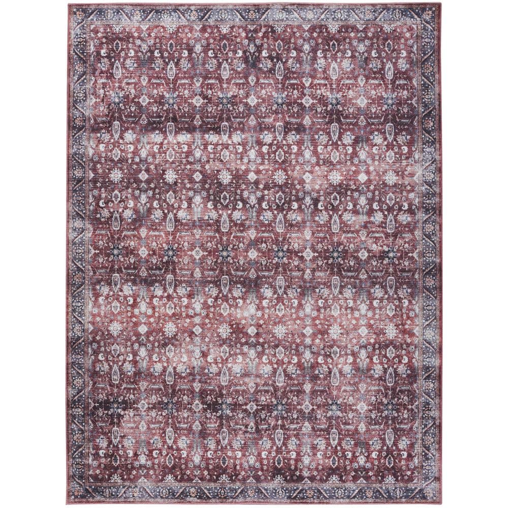 Brick and Ivory Floral Washable Synthetic 5' x 7' Rug