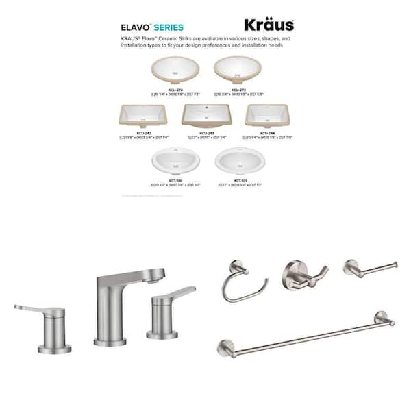 Elavo 20.3 in. White Undermount Sink, Indy 8 in. Nickel Faucet with Pop Up Drain and Elie 4-Piece Nickel Bath Set