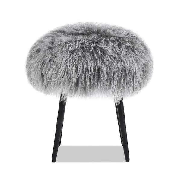 16 in. Mongolian Sheepskin Genuine Fur Gray Round Ottoman