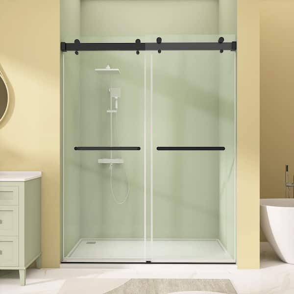 Zeafive 59 in. W x 76 in. H Frameless Glass Shower Door Bypass Double Sliding in Matte Black with 3/8 in. (10mm) Tempered Glass