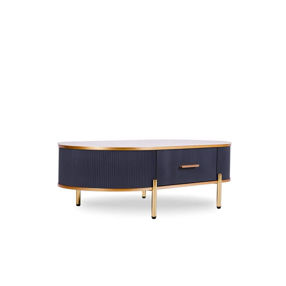 Elegant Oval Sintered Stone Coffee Table with Gold Accents and Storage