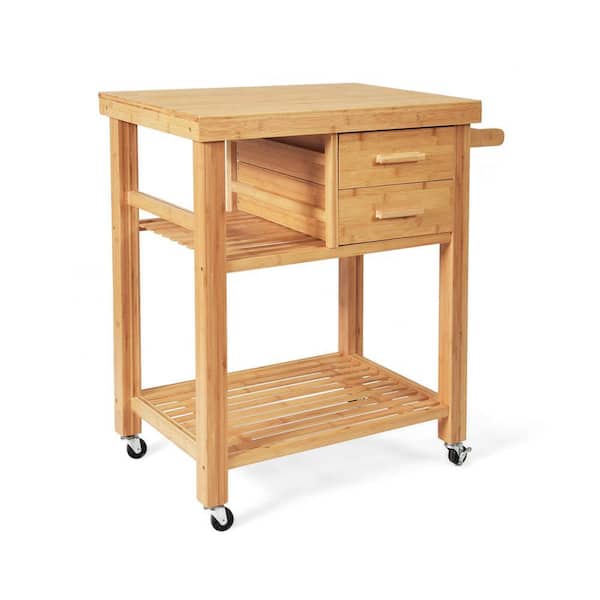Natural Bamboo Kitchen Trolley Cart on Wheels with Tower Rack and Drawers