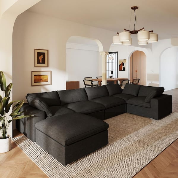 118 in. Square Arm 6-Piece Linen L-shaped Modular Sectional Sofa Corner Cloud Couch in Black with Ottoman