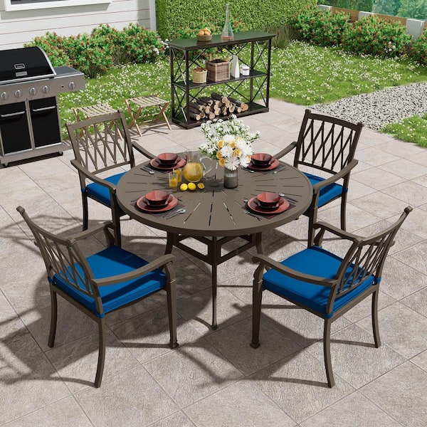 5-Piece Brown Cast Aluminum Round 48 in. W Table Outdoor Dining Set with 4-Dining Chairs and Navy Blue Cushions