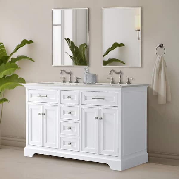 Haisley 54 in. W x 22 in. D Bath Vanity in White with Quartz Top in Velluto White with White Sinks
