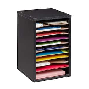 11-Compartment Wood Vertical Paper Sorter Literature File Organizer, Black