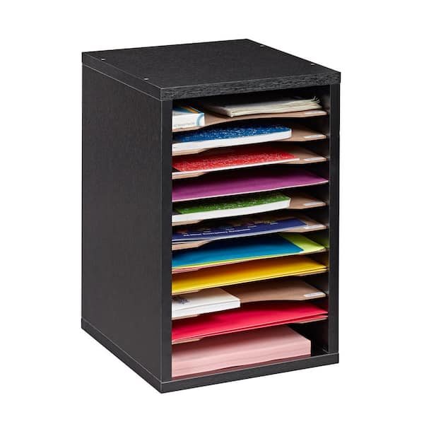 11-Compartment Wood Vertical Paper Sorter Literature File Organizer, Black