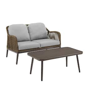 Haven Light Brown 2-Piece Wicker Patio Conversation Set with Light Gray Cushions