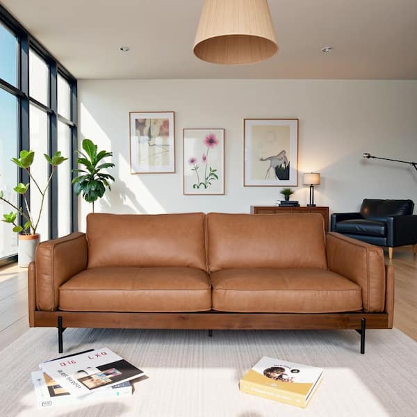 Venice 89 in. Square Arm Genuine Leather Rectangle Sofa with Eco-Friendly Wood & Metal Accents in Cognac