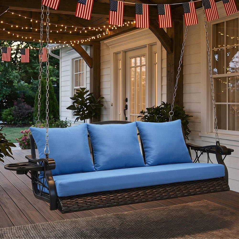 3-Person Brown Wicker and Metal Porch Swing with Light Blue Cushions price history on PriceWatchPro