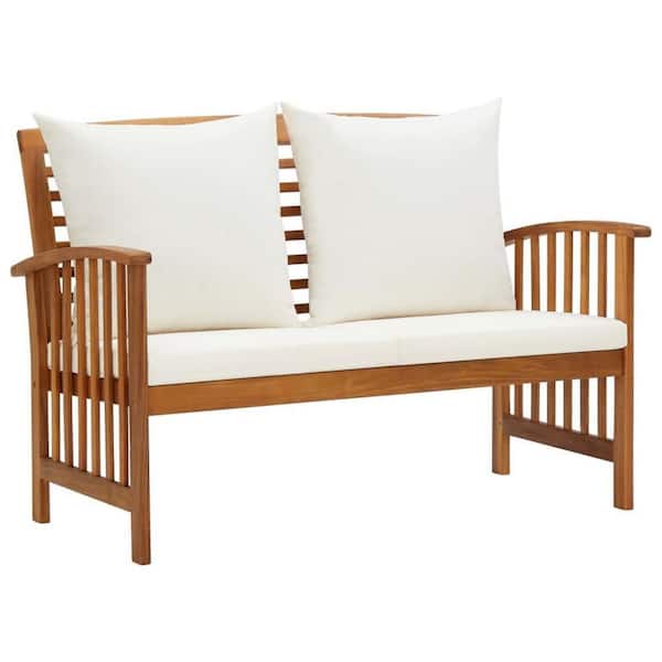 Mia 26.4 in. 2-Person Brown Solid Wood Outdoor Loveseat Bench with White Cushions
