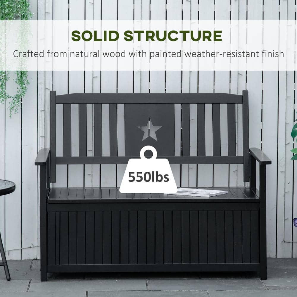 Black Wooden Outdoor Storage Bench with Star Motif