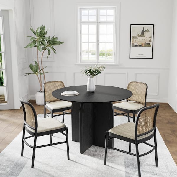 Dovelina Flora Modern Black Round Oak Wood Top 42 in. Cross Leg Dining Table Seats 4