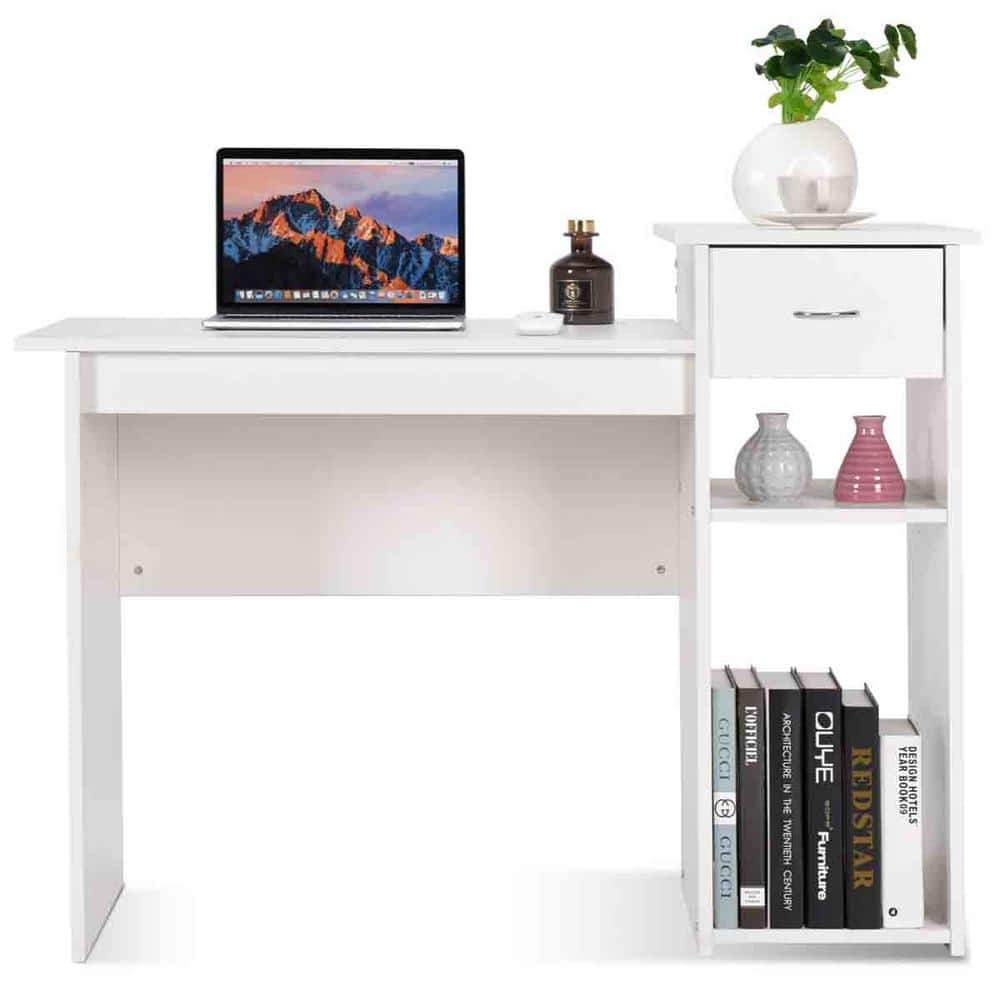 Elegant White Wooden Computer Desk with Drawer and Shelves