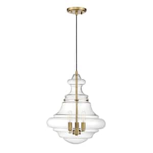 15 in. W x 18.38 in. H 3-Light Natural Brass Shaded Pendant Light with Clear Glass Shade