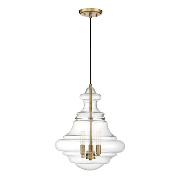 TUXEDO PARK LIGHTING 15 in. W x 18.38 in. H 3-Light Natural Brass Shaded Pendant Light with Clear Glass Shade
