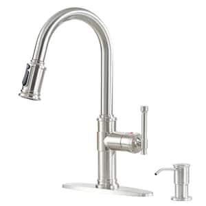 1.8 GPM Single Handle Pull Down Sprayer Kitchen Faucet with Soap Dispenser and Ceramic Cartridge in Brushed Nickel