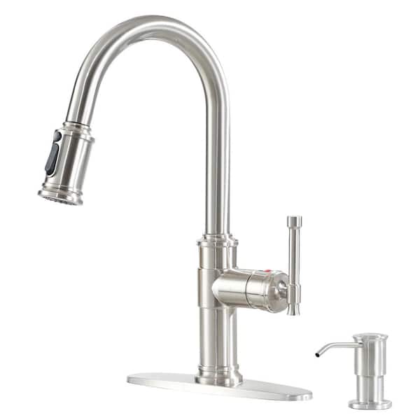 Boyel Living 1.8 GPM Single Handle Pull Down Sprayer Kitchen Faucet with Soap Dispenser and Ceramic Cartridge in Brushed Nickel