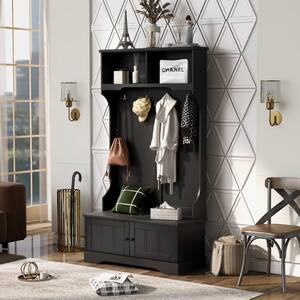 Hall Tree Entryway Bench in Black with Shelves Cabinet and 4 Hooks