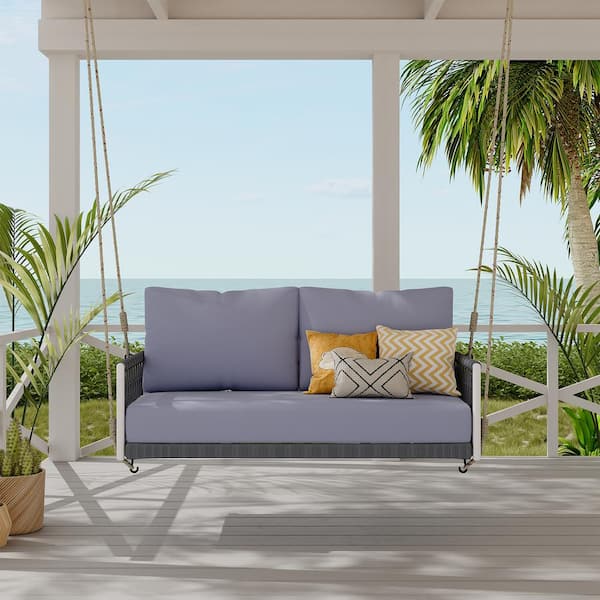Unbranded 1-Piece Woven Rope Outdoor Sling Porch Swing Sofa with Soft Cushions Seating 2 for Patio, Courtyard and Balcony, Gray