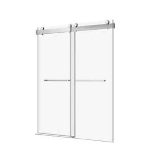 56 in. 60 in. W. x 76 in H Dual Sliding Frameless Soft-Close Shower Door in Brushed Nickel with 10 mm Clear Glass