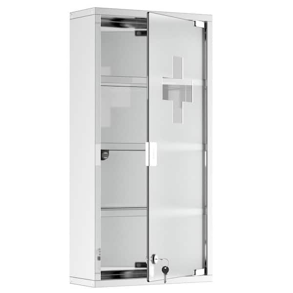 COWLOWN 11.75 in. W x 23.5 in. H Silver Rectangular Steel Surface Mount Medicine Cabinet without Mirror, with Glass Door