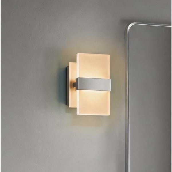 5 in. 2-Light Brushed Nickel LED 5CCT Wall Sconce with Frosted Acrylic Shade